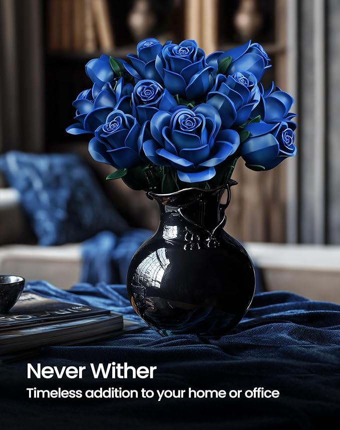 iATOM Blue Rose Bouquet Building Set, Artificial Flowers Botanical Collection for Adults - Gift for Halloween, Gothic Retro Home Office Table Centerpiece Decor - IA11007