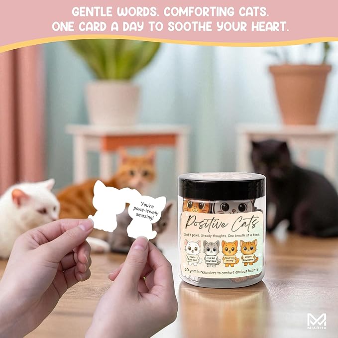 Positive Cats Jar – 60 Affirmation Cards for Anxiety & Self Care, Cute Cat Gifts for Women, Teens & Men, Mental Health & Stress Relief Support Gifts, Cats Themed Gift