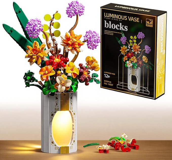Flower Bouquet Building Set for Adults, 890 PCS Botanical Collection-Inspired Brick Floral Gift with Vase, Flower Vase Display Set for Home Decor