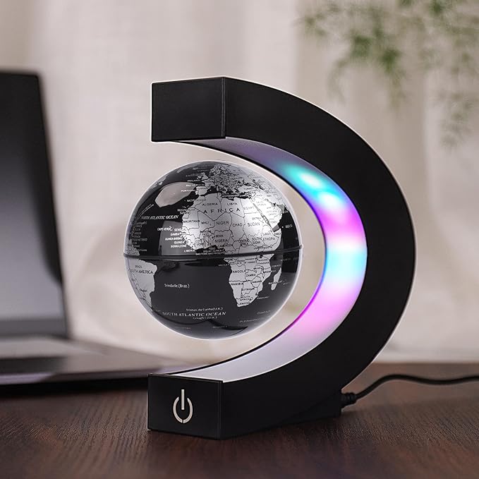 Floating Globe with Colored LED Lights C Shape Anti Gravity Magnetic Levitation Rotating World Map with Touch Switch for Gift Home Office Desk Decoration With Switch(Black)