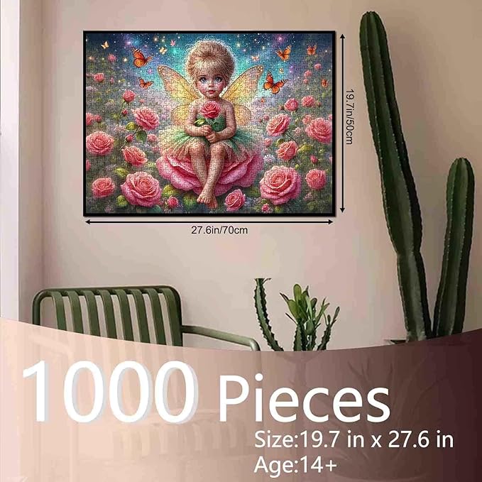 Tucocoo Rose Fairy 1000 Piece Jigsaw Puzzle for Adults, Elf Girl Sitting on Flower with Butterflies – Fantasy Puzzle for Relaxation and Stress Relief, Whimsical Magical Scene Puzzles Gift Wall Art
