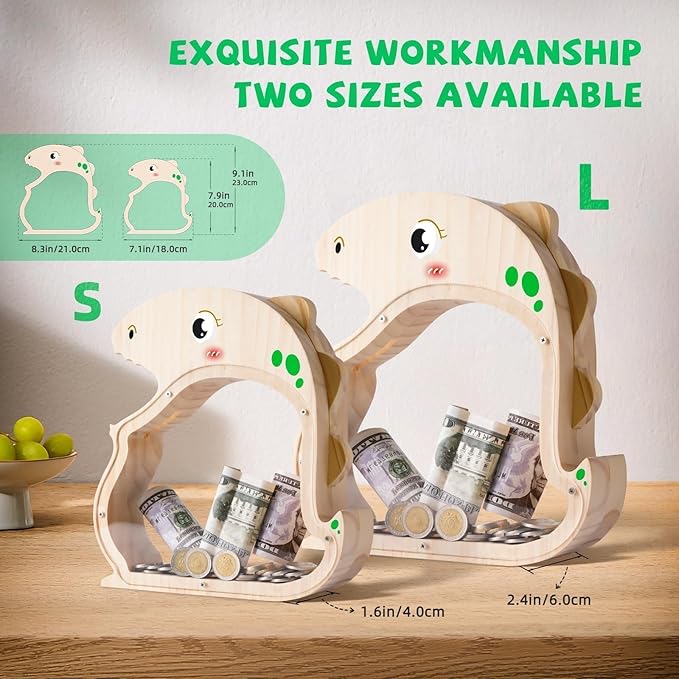 Wooden Dinosaur Piggy Bank for Boys, Girls, Unbreakable Dino Piggy Bank for Kids with Letter Stickers, Cute Saving Coin Jar, Wooden Cashbox Money Bank, Piggy Money Jar Personalized Birthday Gift