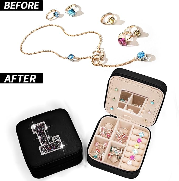 Travel Jewelry Case - Personalized Jewelry Box for Women,Small Jewelry Organizer Cute Jewelry Organizers and Storage Aesthetic,Travel Essentials Birthday Gifts for Girls Women | Black,L