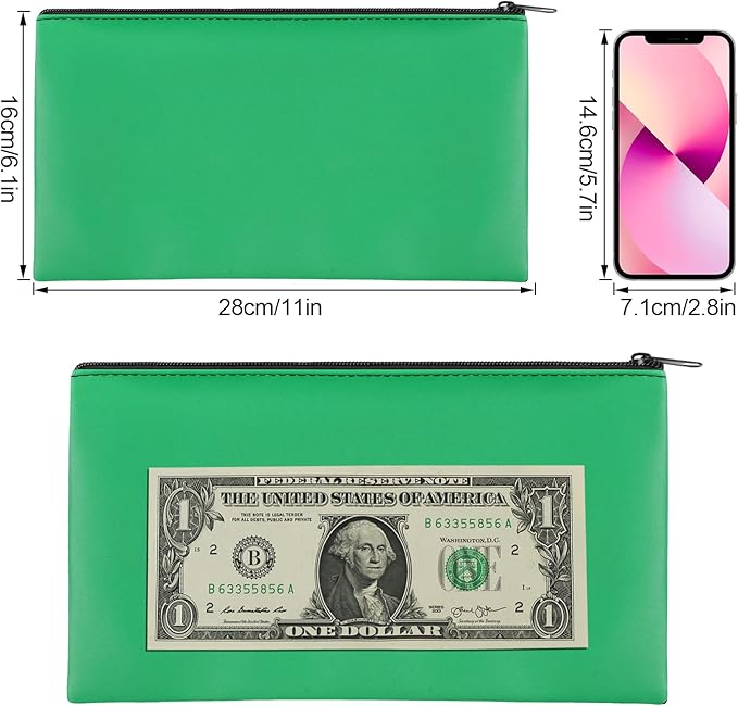 2 Pieces Money Bags With Zipper , 11x6.1 inch Money Pouch, Bank Bag, Cash Bag , Check Wallet, Cosmetics(Green)