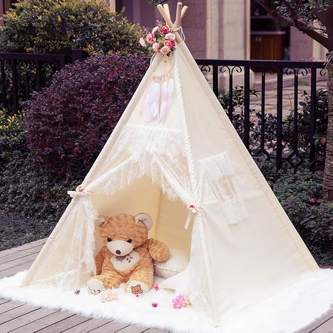 Lace Teepee Tent for Girls Tipi Tent Ivory Canvas Classic Play Tent Play House Indoors for Kids Room Décor
