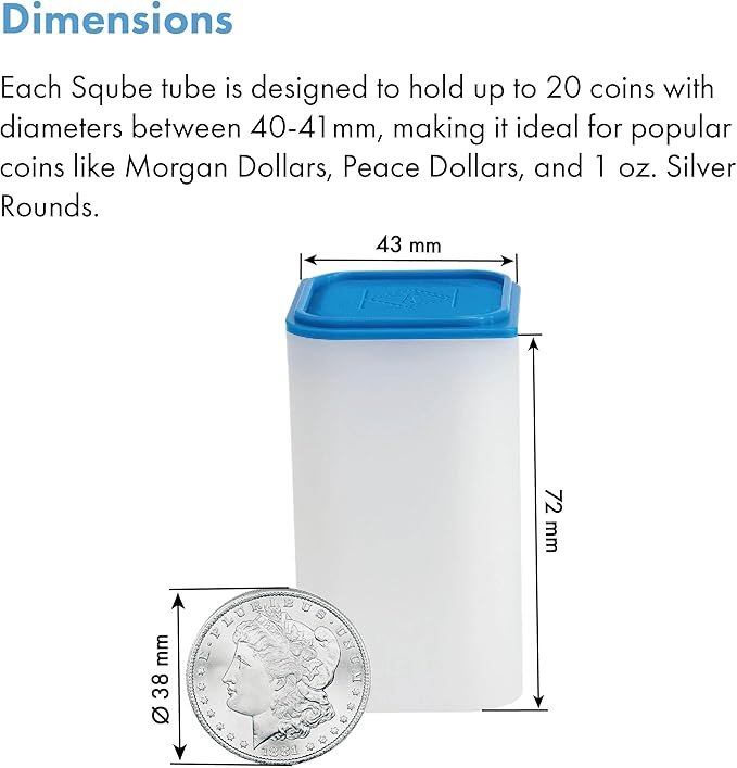 LIGHTHOUSE - Square Coin Tubes for 20 Coins - Perfect for Morgan, Peace, 1 oz Rounds - Intercept Corrosion Protection (38-39mm) - Pack of 50