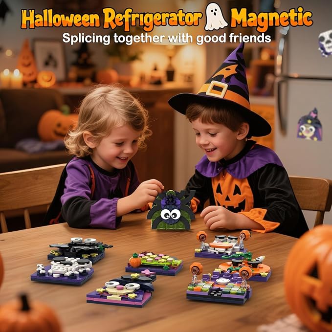ZYLEGEN Halloween Fridge Magnets Ornaments Building Kit, Ghost, Candy, Bat, Castle, Pumpkin, Spider, Witch Decor Toys Gifts for Halloween Ages 6+ Boys Girls Adults Kids