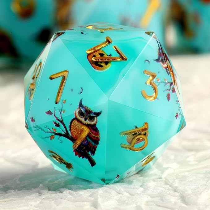 DNDND Owl Aqua Blue Translucent Resin Dice Set - 7-Piece Sharp Edge RPG Dice for D&D with Stickers, Handcrafted Premium Metal Case Gift