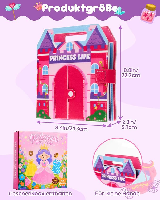 Princess Busy Board for Toddlers 2-4,Montessori Toys for 2 Year Old Girl,Educational Learning Sensory Activities Busy Book,Baby Travel Essentials for Airplane Car,Kid Birthday