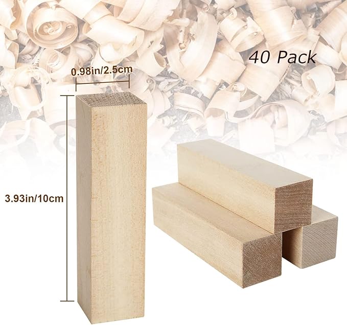 RHBLME 40 PCS Basswood Carving Blocks, 4" x 1" x 1" Unfinished Wood Blocks for Carving, Wooden Cubes Soft Solid Wooden Basswood for Wood Carving Beginners or Expert Carvers and Whittling