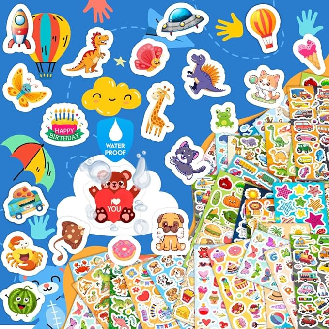 48 Sheets Stickers for Kids, Cute Kids Stickers Variety Pack for Scrapbooking, Teachers Classroom Prizes, Goodie Bag Stuffers Including Animals, Cars, Dinosaurs, Fishes, Hearts, Stars and More