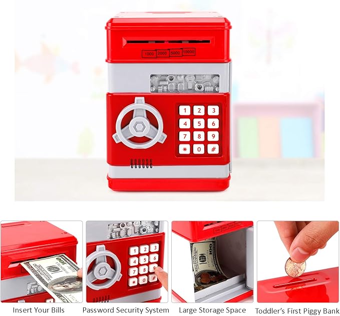 Electronic Piggy Bank for Kids, Mini ATM Coin Bank Money Saving Box with Password, Children's Safe Money Jar with Auto Grab Bill Slot, Great Gift Toy Bank for Boys, Girls