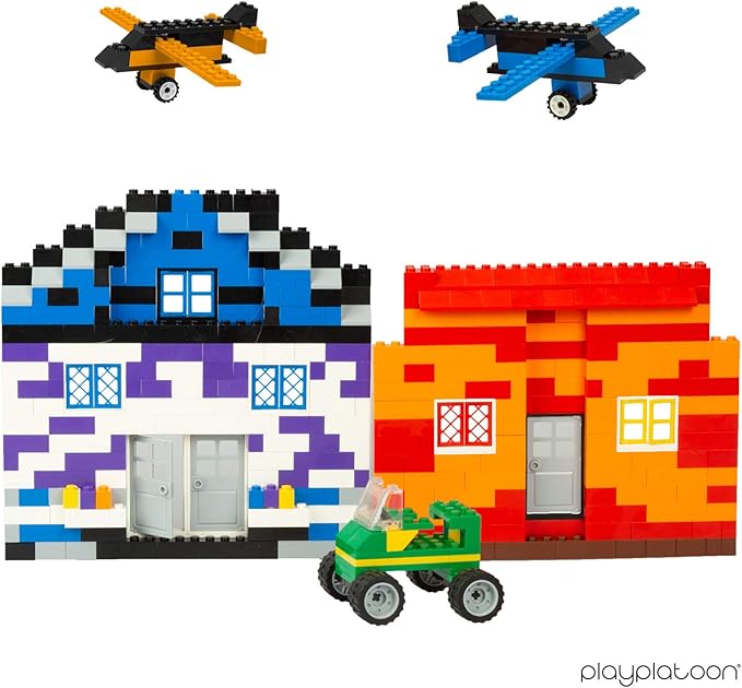Play Platoon 1100 Pieces Building Bricks Set - 10 Classic Color Blocks - Bulk Building Blocks Compatible with Major Brands, 14 Different Shape Bricks - Includes Wheels, Tires, Axles, Windows & Door