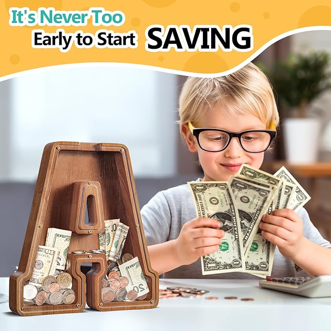 Summidate Large Wooden Piggy Bank for Kids Adults, Alphabets Letter A-Z Piggy Bank for Boys Girls, Coins Bills Change Bank Box Personalized Initial Name Kids Money Bank for Birthday Present and Decor