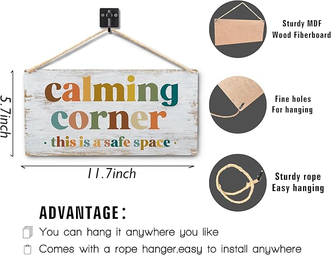 Calming Corner Hanging Wood Sign Plaque - Safe Space, Classroom Decor, School Counselor Office, Calm Down Corner Decorations, Boho Decor (Yellowish White), 12x6