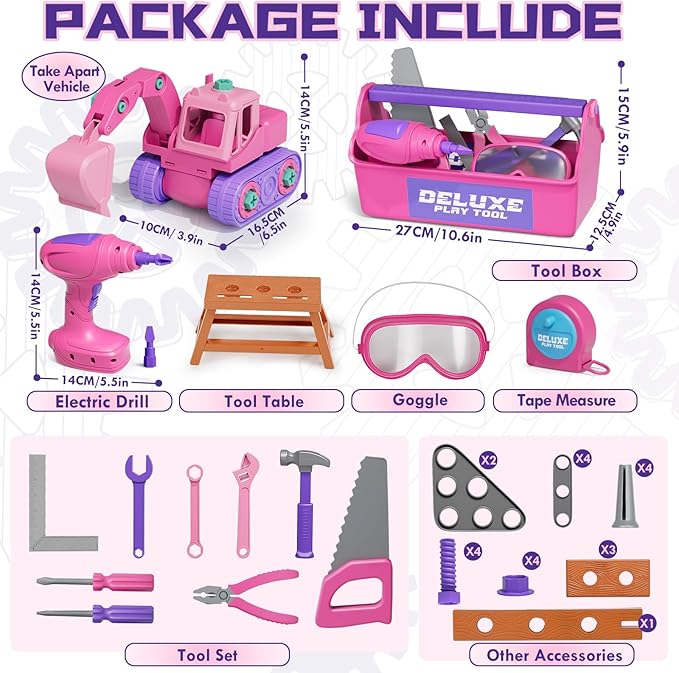 Lehoo Castle Kids Tool Set with Electric Toy Drill and Tool Box, Construction Toys for 3 Year Old Girls Birthday Gift, Pretend Play Toddler Tools for 3-5 Years Old (Pink)