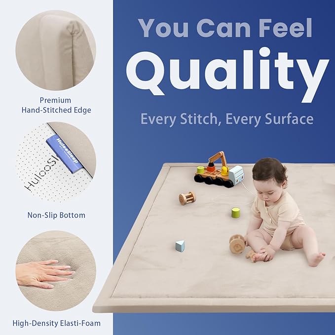 Baby Play Mat for Floor,1.3" Thick Memory Foam Tummy Time Mat,Soft Coral Velvet Nursery Rug,Extra Large Non Slip for Crawling,Toddlers,Infants,Kids,Tatami Style for Living Room(Beige)