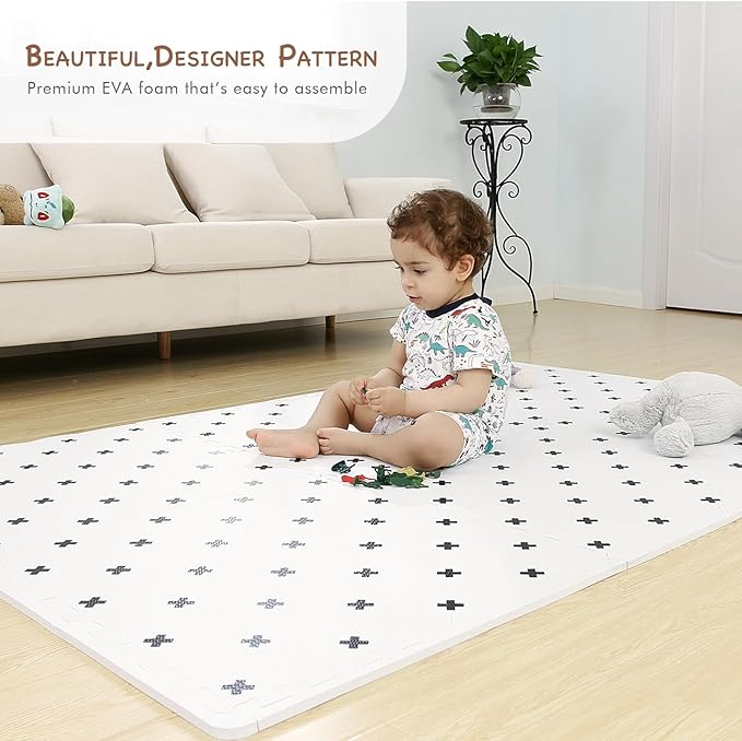 TCBunny Extra Large Baby Foam Play Mat - 4FT x 6FT Non-Toxic Puzzle Floor Mat for Kids & Toddlers (White with Black Cross)