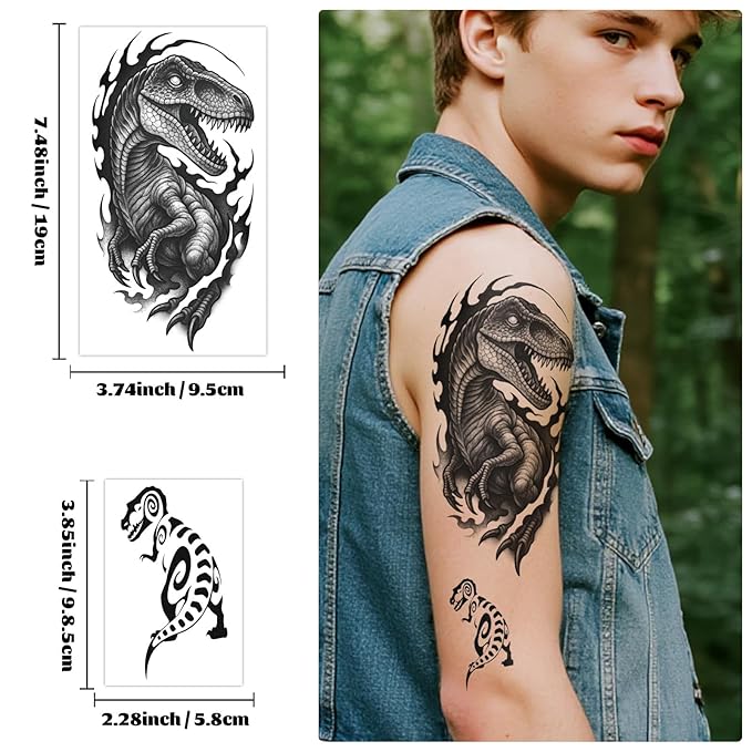 77PCS Dinosaur Temporary Tattoos for Kids Teens, 17PCS Half Sleeve Tyrannosaurus T-Rex Triceratops Pterosaur Kids Temporary Tattoos, 60PCS Raptor Fake Tattoos Stickers Cosplay Birthday Party Supplies