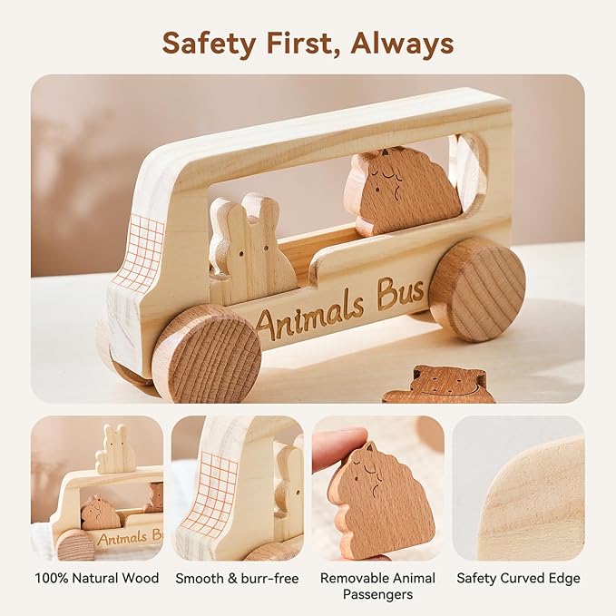 let's make Baby Wooden Toys Push Cars Animal Bus Toys Set Toddlers Developmental Grasping Toys Wooden Toys Gift for Kids Boys Girls Birthday Christmas