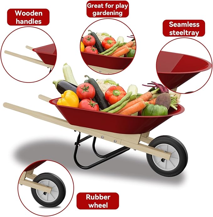 Kids Wheelbarrow Set with Gardening Tools Outdoor Backyard Garden Play for Toddlers Boys Girls 3-8, with Shovel, Rake, Leaf Rake, Easter Birthday Gifts (Red Garden Set)