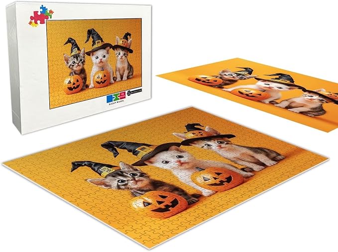 Kittens and Pumpkins - Adult Wizard Hat Halloween 500 Pieces Adult Puzzle - Challenging Family Activities
