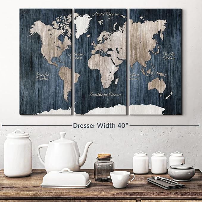ElephantStock Aged Blue World Map I Canvas - 3 Panel Wall Decor - World Map Digital Art - Blue Wall Art - 33" X 20"