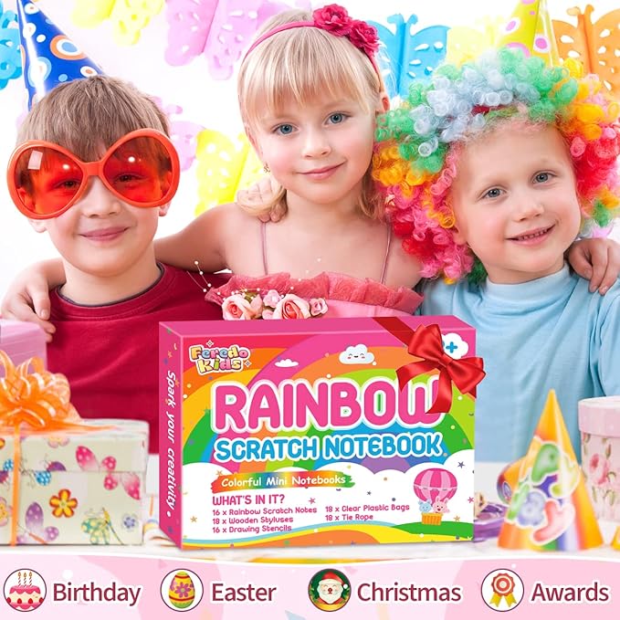Kids Scratch Art Party Favors Gifts: 16 Pack Rainbow Scratch Notebook Paper Birthday Party Favor Toy Girls Boys Art Craft Kit Summer Classroom Goodie Bags Return Gifts for Birthday Party Favors Bulk