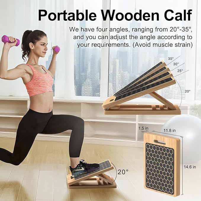 Wooden Slant Board for Calf Stretching, Adjustable Portable Wooden Incline Board with Training Guide, 300 lb. Load Capacity, Physical Therapy Equipment for Legs, Knees, Heels and Ankles