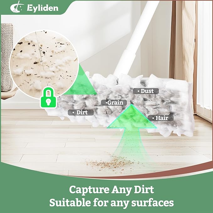 Eyliden Sweeper Mop with 58" Long Handle, 36 Disposable Refills - 12 Heavy-Duty Pet Hair Cleaning Pads, 24 Dry Sweeping Cloths, Dry Dust Mops Kit for Multi Surface Floor Cleaning (White)