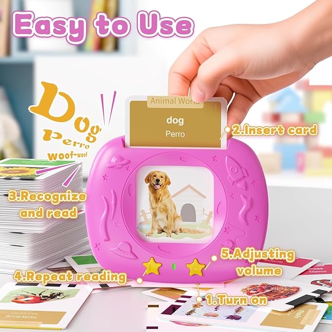 HOMESTEC Toddlers Bilingual Spanish & English Talking Flash Cards with 288 Sight Words, Speech Therapy Toys for 1 2 3 4 5 6 Years Old Boys and Girls, Learning Educational Kids Gifts (Pink)