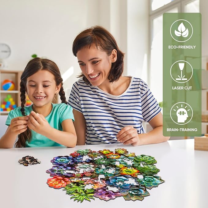 Succulent Plants Wooden Puzzles for Adults, 500 Pieces Jigsaw Puzzles, Unique Shaped Medium Size Liberty Wood Puzzle Gift for Adults and Kids, Family Game 16.8'' x 16.5''
