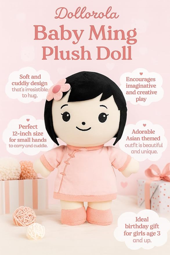 Asian Baby Doll – 12” Asian Plush Doll for Girls, Soft Cuddly Birthday Gift for Girls Ages 3+