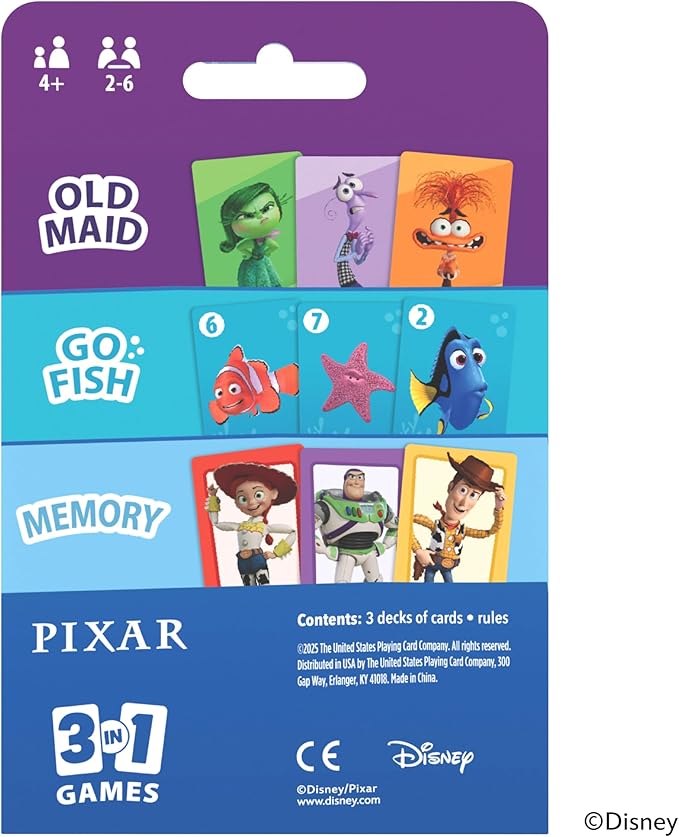 Bicycle Disney and Pixar 3-in-1 Card Games, Old Maid, Go Fish & Memory, Featuring Toy Story, Finding Nemo & Inside Out Characters, Kids Card Games Ages 4+, Family Games for 2-6 Players