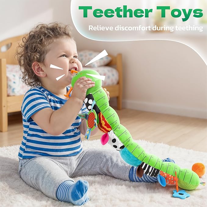 HEMRLY Baby Toys for 0-6 Months, Musical Plush Caterpillar Infant Sensory Toy with Baby Mirror&Crinkle Rattle,Pull String,Teething Toys, Tummy Time Newborn Gifts for 0-3-6-12 Boys Girls - Green Leaf