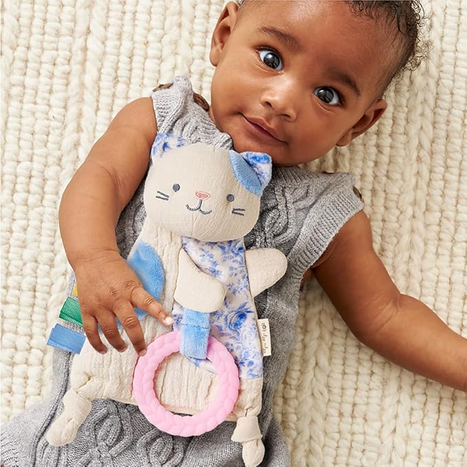 Itzy Ritzy - Bitzy Crinkle Sensory Toy Kitty with Crinkle Sound for Babies & Toddlers - Features Soft Braided Teething Ring & Textured Ribbons, Designed for Ages 0 Months and Up, Kitty
