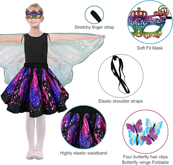 Butterfly Costume for Girls Fairy Wings Kids 4 Pcs(Cape,Skirts,Masks,Hair Clips) Butterfly Wings for Halloween Gifts