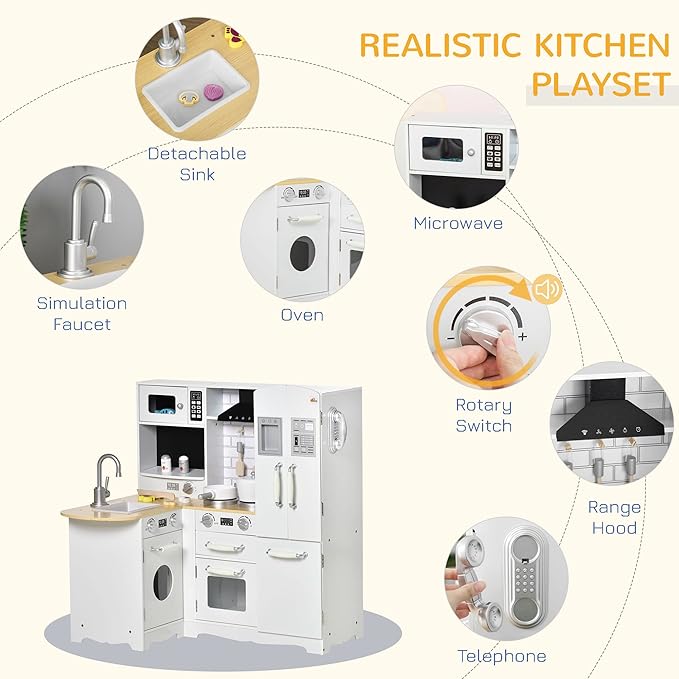 Qaba Pretend Play Corner Kitchen, Interactive Wooden Kids Play Kitchen w/Realistic Sounds, Telephone, Refrigerator, Oven, Microwave, Gift for Toddlers Aged 3+