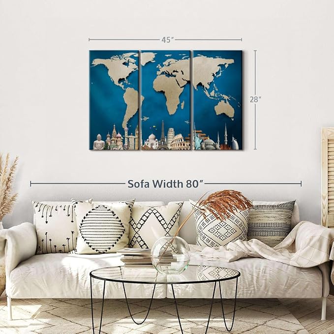ElephantStock Ocean Blue World Map Multi Piece Canvas - 3 Panel Wall Decor - Map of the World Art - Canvas for the Office and Home - 45" X 28"