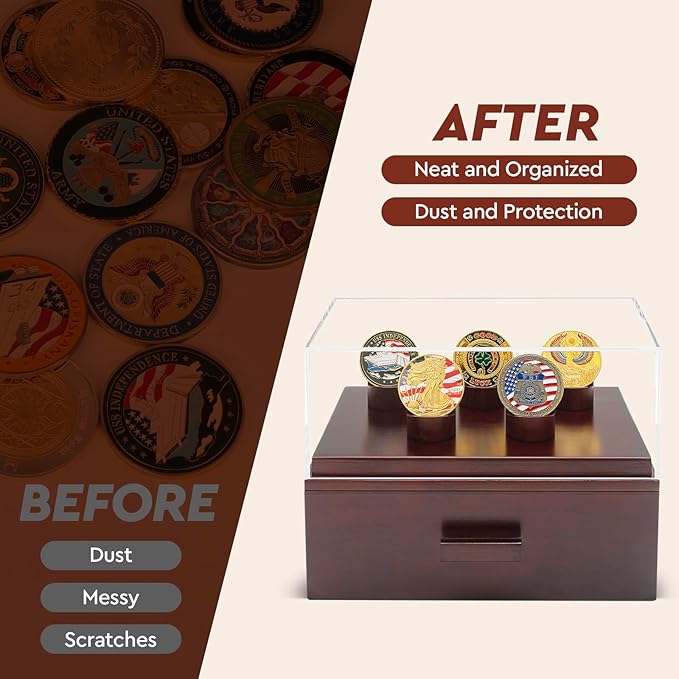 Challenge Coin Display Case, Military Coin Collection Holder with Wooden Coin Box, Drawers, and Clear Acrylic Lid – Gifts for Coins Collectors (5 Pillars)