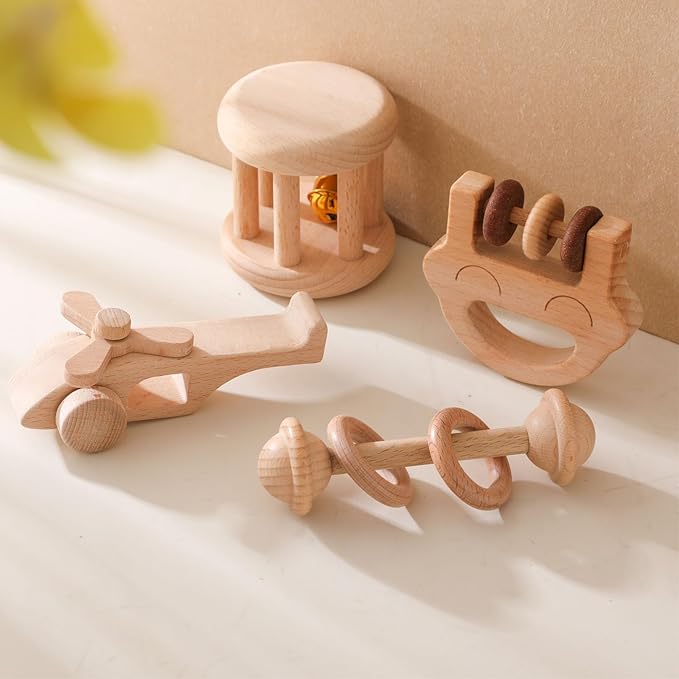 Wooden Baby Rattle Set, Newborn Wooden Rattle Toy, Natural Wooden Montessori Baby Grip Toy, Baby Gift Toy, Wood Rattle Set-1