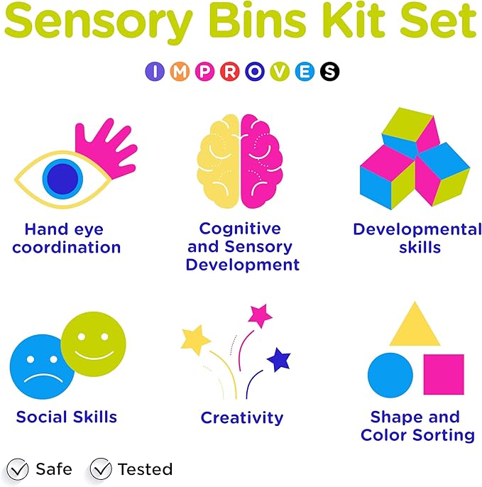 Sensory Kit for Toddlers and Kids - Includes 6 Bins with Lids, Play Tools, Sand, Feathers, Clay, Color Beads and Pom Poms Kids Box Fillers