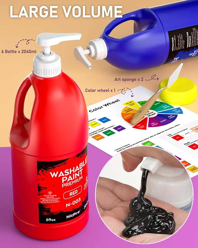 Nicpro 6 Colors Large Washable Acrylic Paint Set (69 oz, 2040ml), Non-Toxic Children Tempera Paint for Art, Craft, School & Home