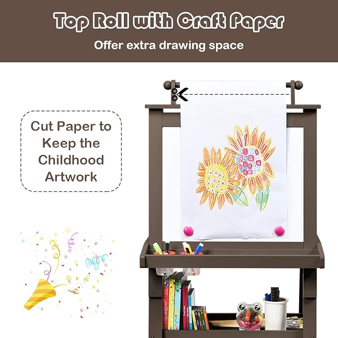 Costzon Kids Art Easel, 3 in 1 Double-Sided Wooden Easel w/Magnetic Whiteboard, Chalkboard & Paper Roll, 2-Tier Rack w/ 2 Storage Boxes, Standing Easel for Kids, Toddlers, Boys, Girls (Coffee)
