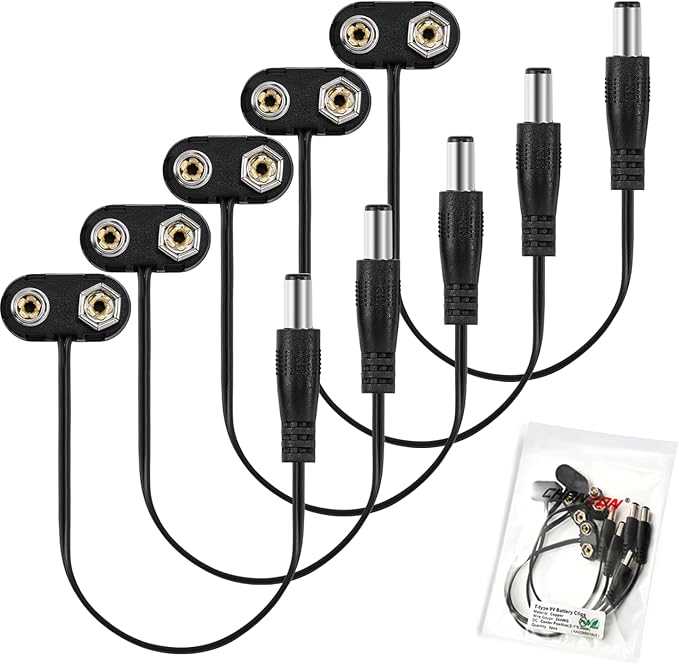 CHANZON UL Wires 9v Battery Adapter Converter 9 Volt Power Guitar Cable Clip with 2.1mm x 5.5mm Male 5Pcs T-Type Plastics Termianl