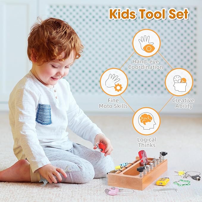 Montessori Busy Board Kids Tool Set, Montessori Screwdriver Board Lock and Key Toy, Sensory Toys for Kids with Autism, Sensory Bin Fine Motor STEM Quiet Fidget Toys for Toddlers 3 4 5