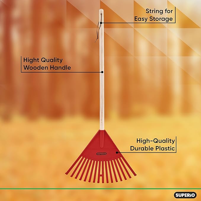 Leaf Rake, Red Kid Size Leaf Collector, Bulk Pack Gardening Rake, 24-Pack Plastic Rakes with Wood Handle, by Superio