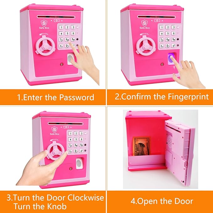 Toy Safe Box, Electronic ATM Piggy Bank, Money Coin Savings Bank, Finger Print Scanner Lock, Great Gift for Children Kids (Pink/Pink)