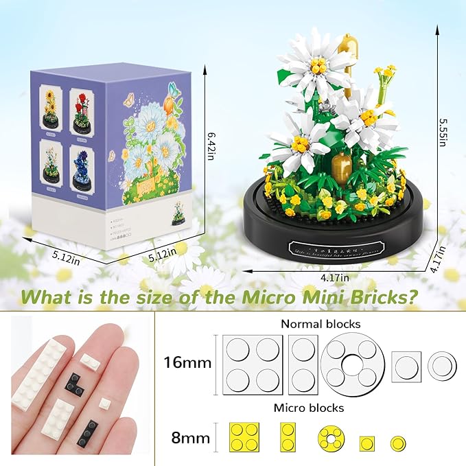 QLT QIAOLETONG Flower Bouquet Building Set, 490 PCS White Daisy Mini Building Blocks Kit for Adults, Flower Botanical Collection for Home Decor, Mother's Day for Mom