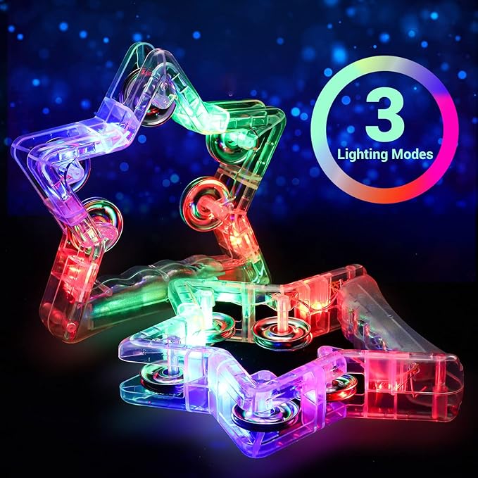 Facmogu 2 Pack Light Up Tambourines W/ 10 Metal Jingles, 3 Modes LED Flashing Musical Tambourine Handheld Percussion Instrument Glow Tambourine for Wedding Party Halloween Christmas Music Stage